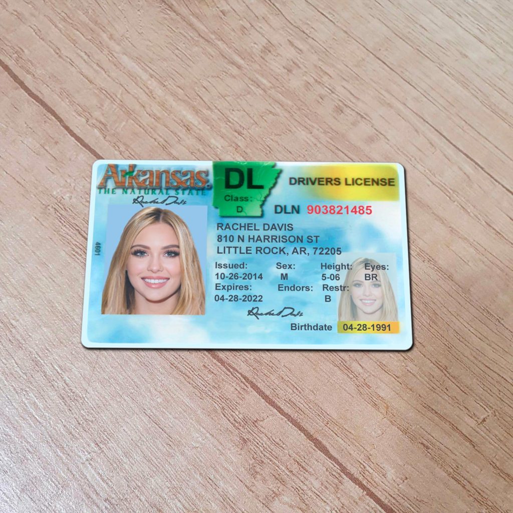 Real-looking front photo of custom Arkansas driver license