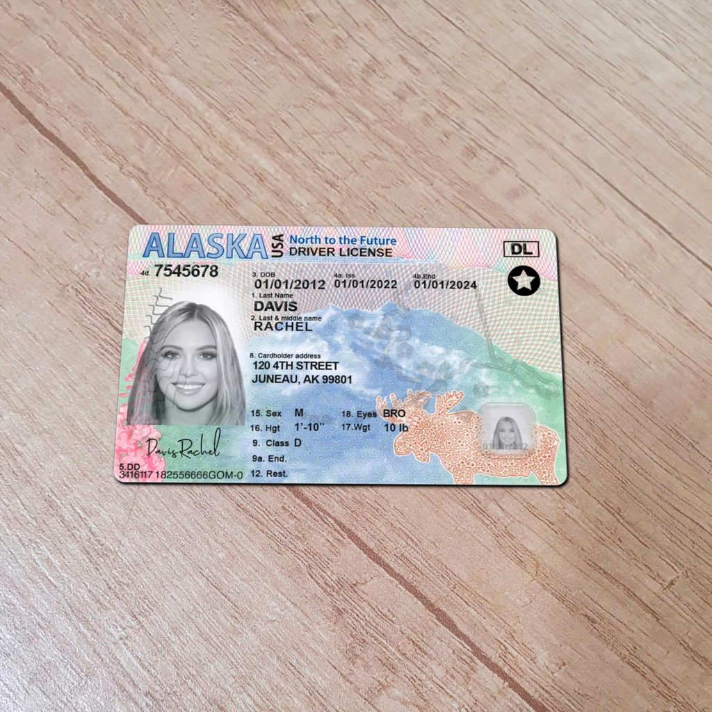 Front view of novelty Alaska driver license