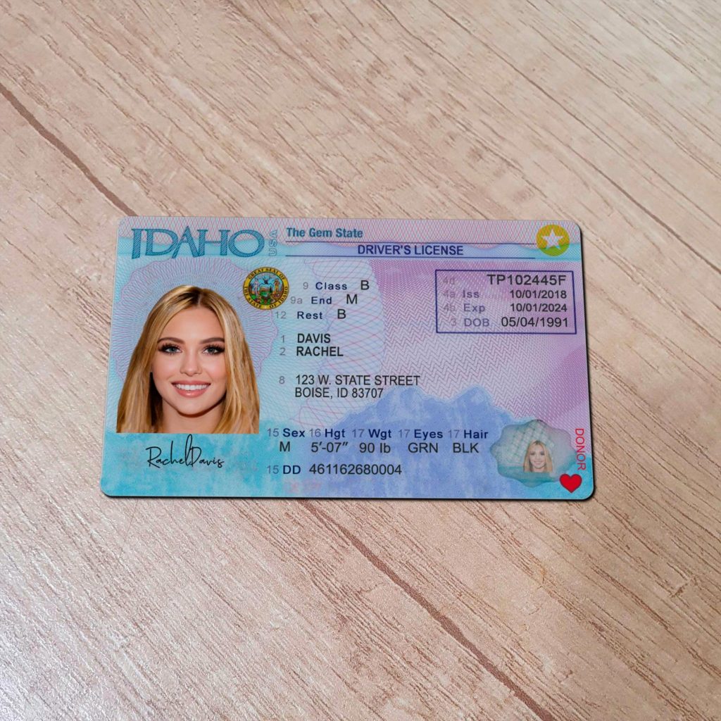 Sharp front detail of editable Idaho driver license