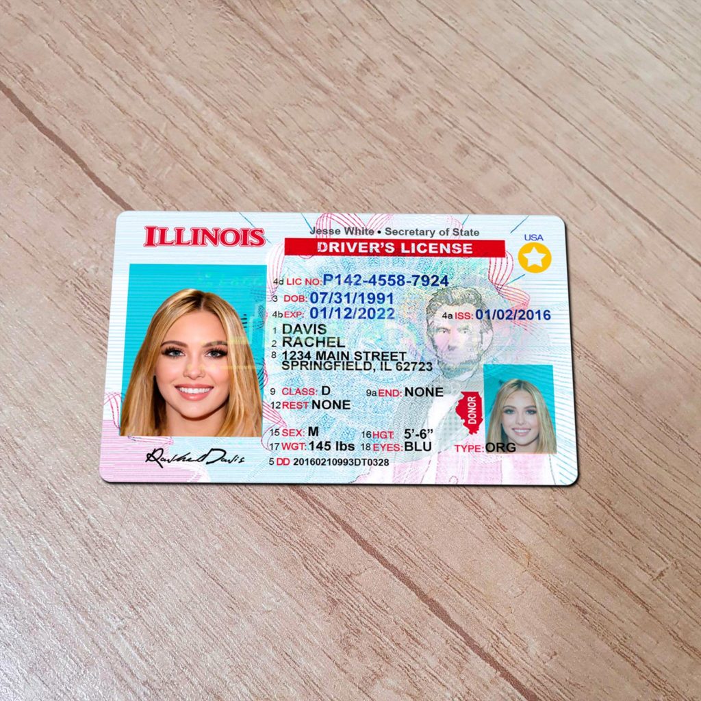 Sharp front detail of editable Illinois driver license