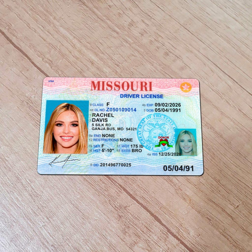 Front-facing realistic novelty Missouri driver’s license