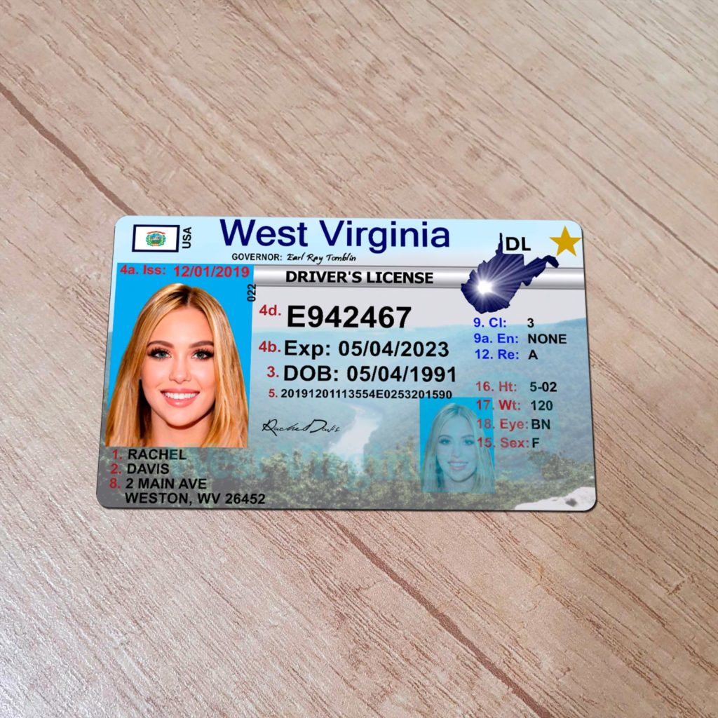 Real-looking front photo of custom West Virginia driver license